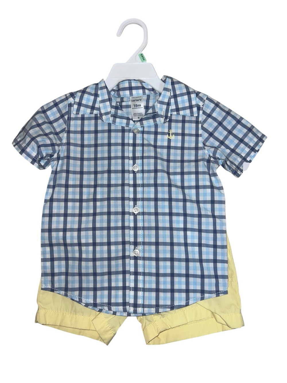 Carter's Blue Plaid Short-Sleeve Shirt with Yellow Anchor 18M